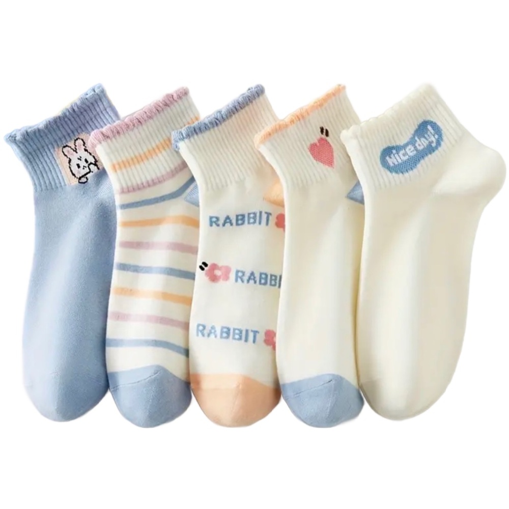 5 Pairs of Sock Ruffle Low Cut Ankle Cute Bunny Rabbit Women's Stockings Hosiery - Picture 1 of 9